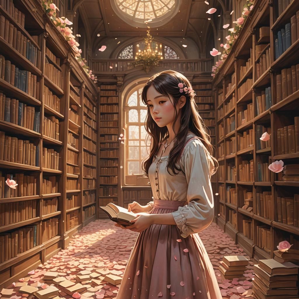 Girl in Library Fairytale Illustration in Klimt Style