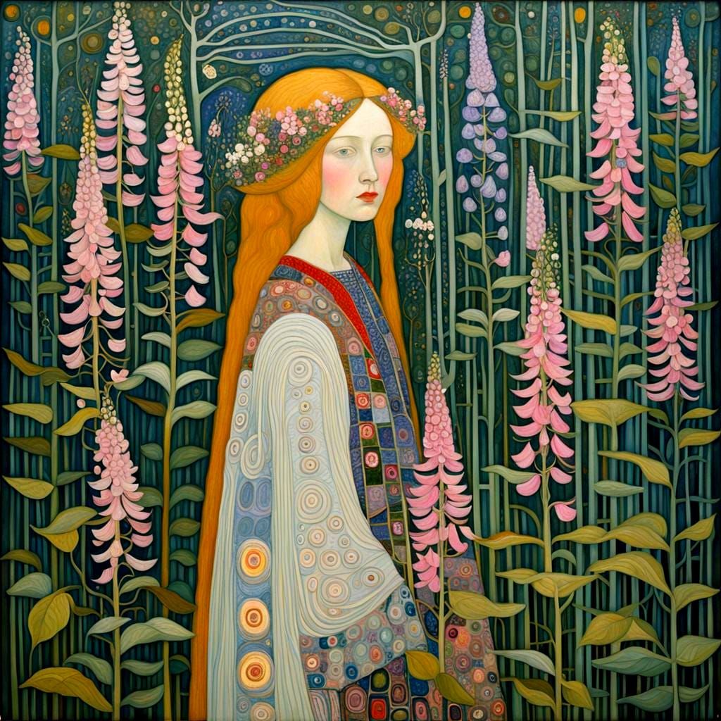 Pink Foxgloves in Art Nouveau Style