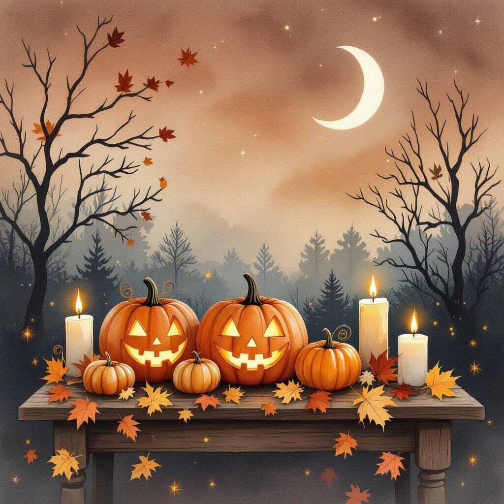 Cozy Halloween Fall Wallpaper in Watercolor Style