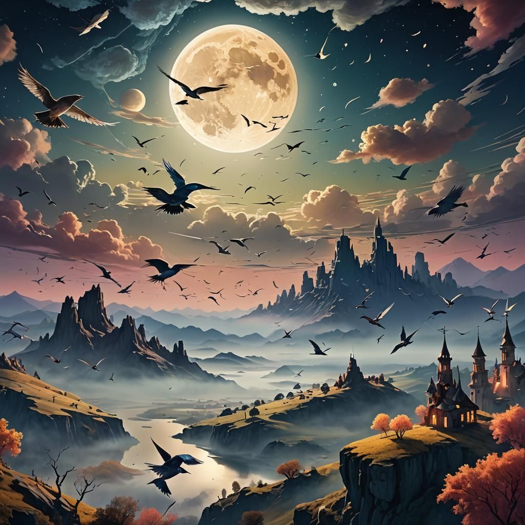Birds Soaring Over Mystical Landscape, Matte Painting