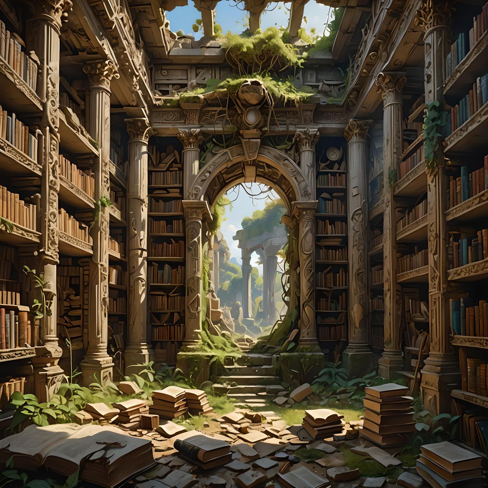 Ornate Stone Age Library Ruins in Photorealistic Style