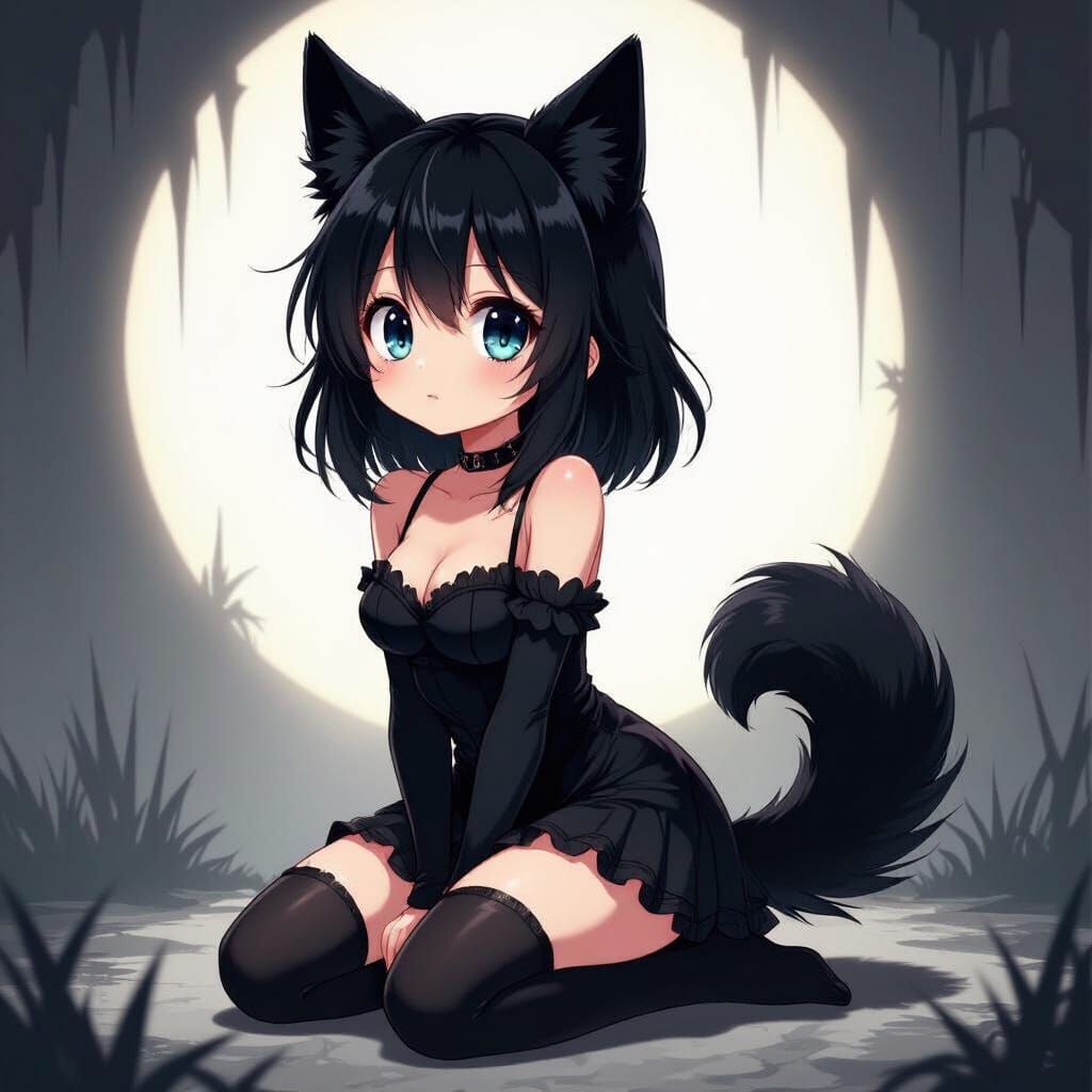 Cute Anime Girl with Dog Ears in Emo Style