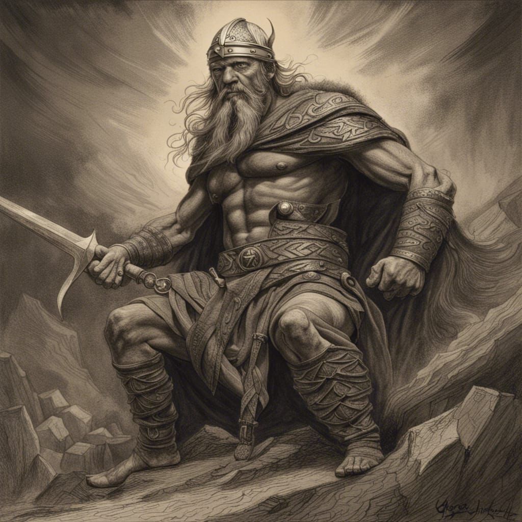 Heroic Viking Charcoal Drawing in Doré Style