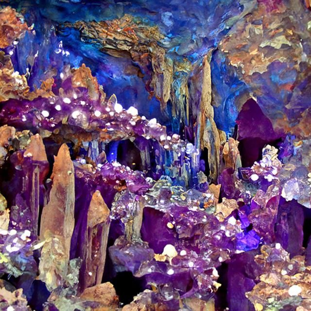 Mystical Ocean Cave with Amethyst Crystals