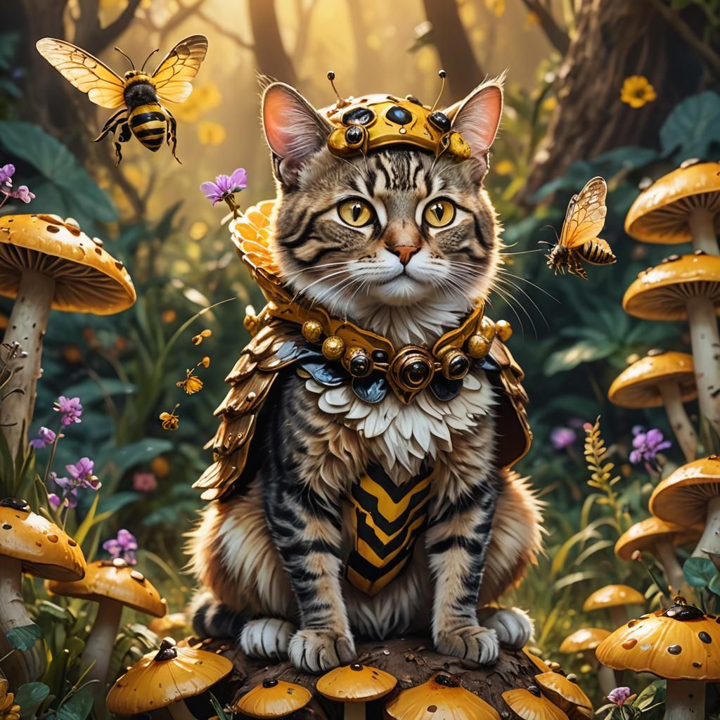 Cat in Bee Costume on Mushroom: Concept Art