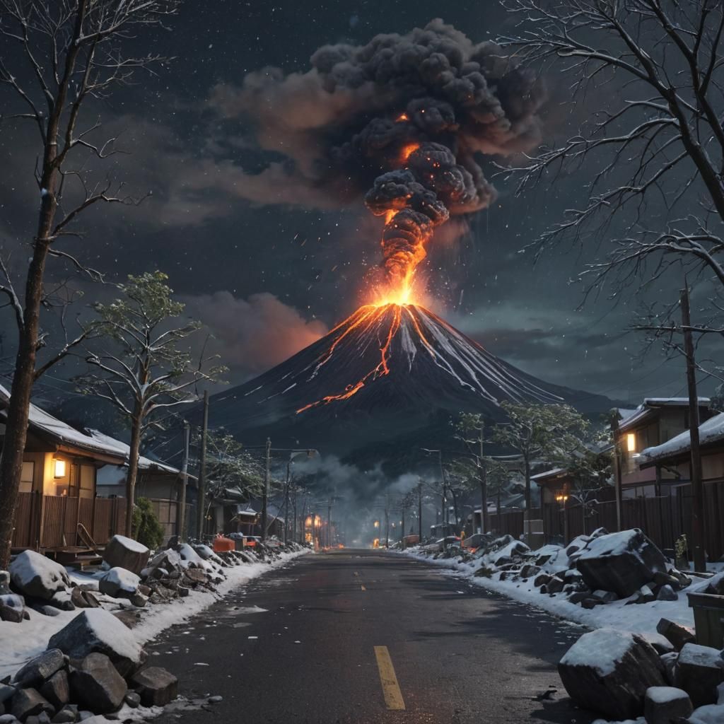 Volcanic Eruption on Japanese Street in Hyperreal 3D