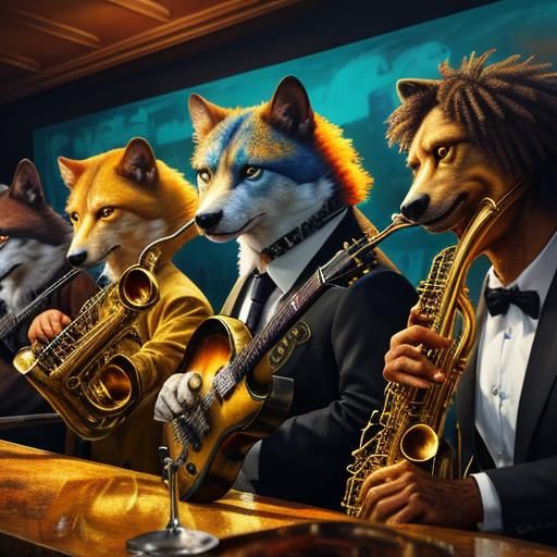 Animals Play Jazz in Smoky Bar: Oil Painting
