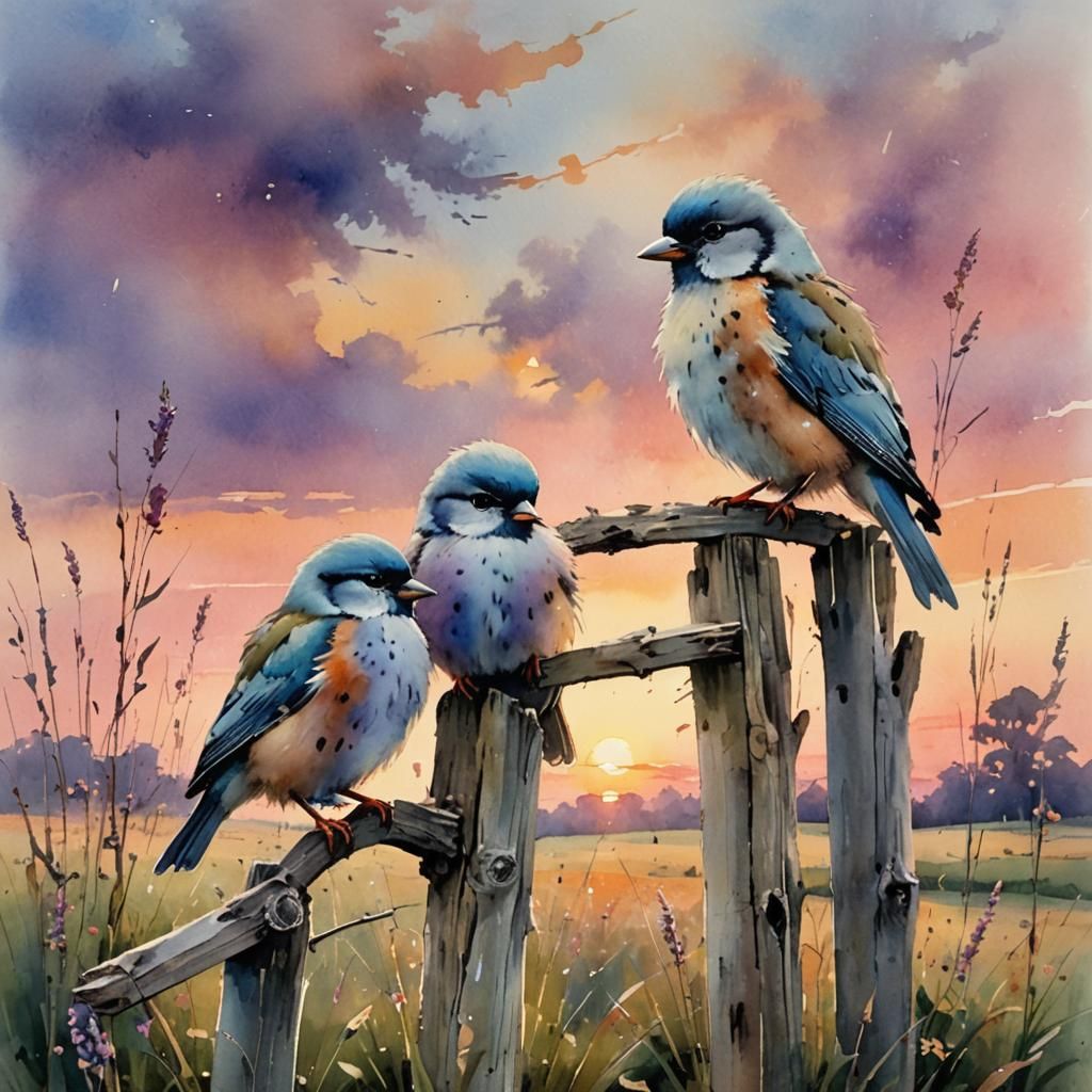 Watercolor Birds on Rustic Post at Sunset