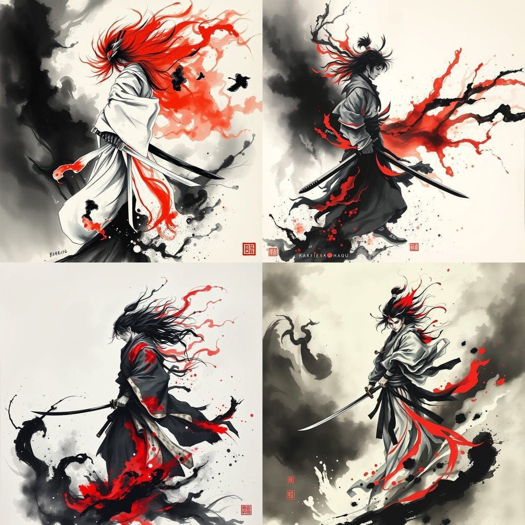 Warrior in Ethereal Dance, a Sumi-e Masterpiece
