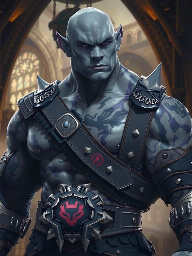 Blue Panther Warrior in Gothic Cathedral, Digital Art