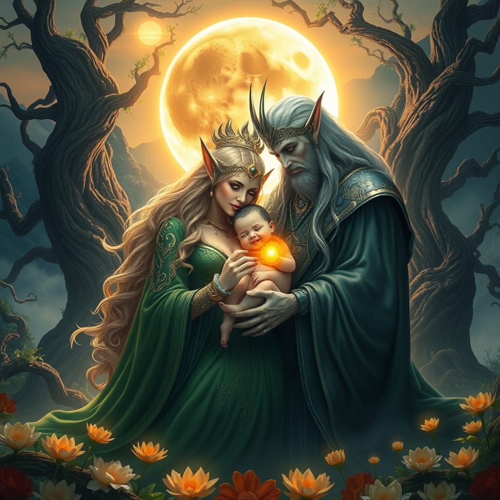 Regal Power Elf Goddess and Moon God Cradle a Radiant Sun El...