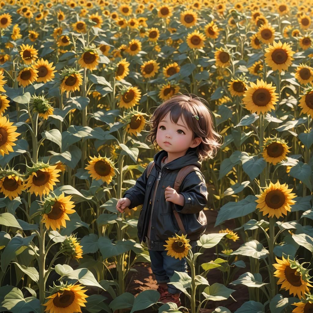 Cute Toddler in Sunflowers: 3D Anime Art
