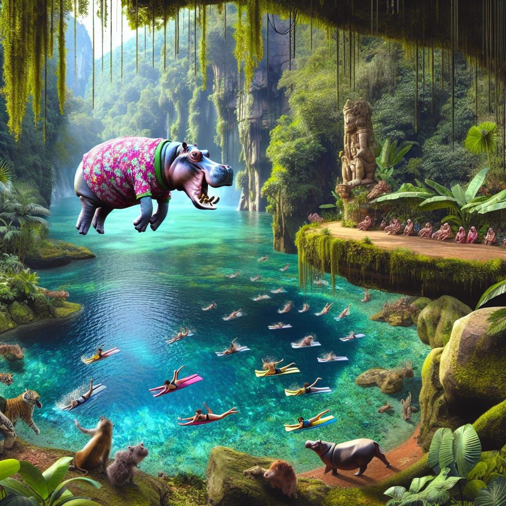 Create an image of a swimming hole in the jungle for anthrop...