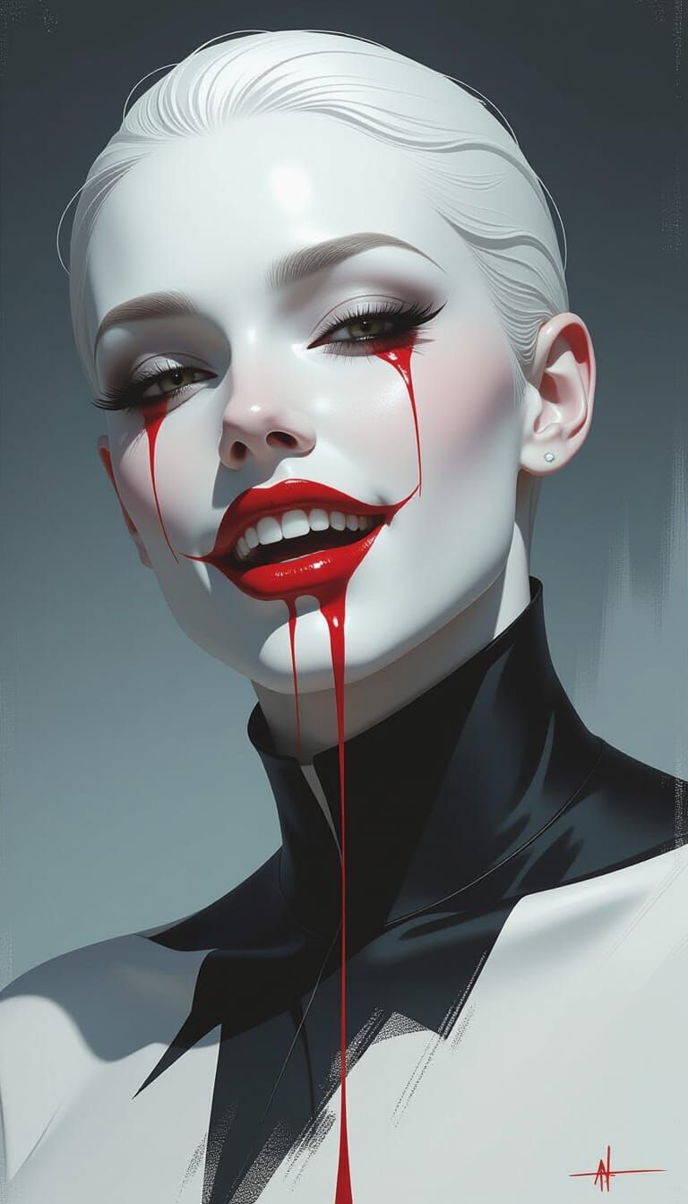 Eerie Figure with Crimson Liquid in Atmospheric Close-Up