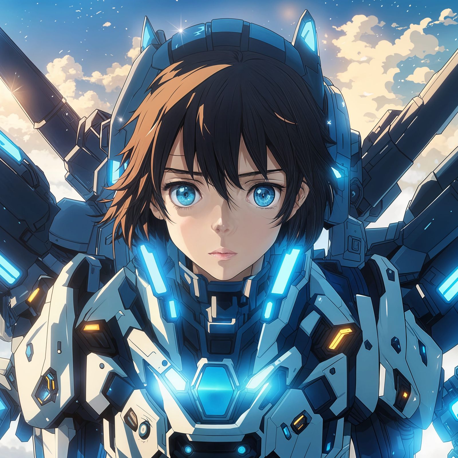 Anime Girl with Black Hair and Blue Streak