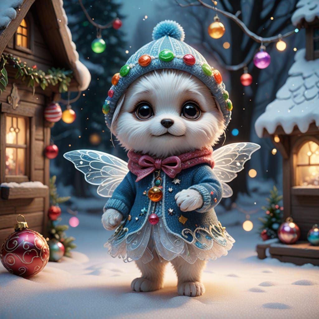 Glass Christmas Fairy Plays with a Cuddly Puppy in a Whimsic...