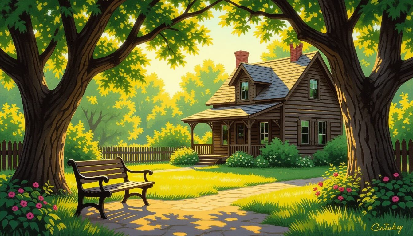 Charming Wooden House in Morning Light, Oil Painting