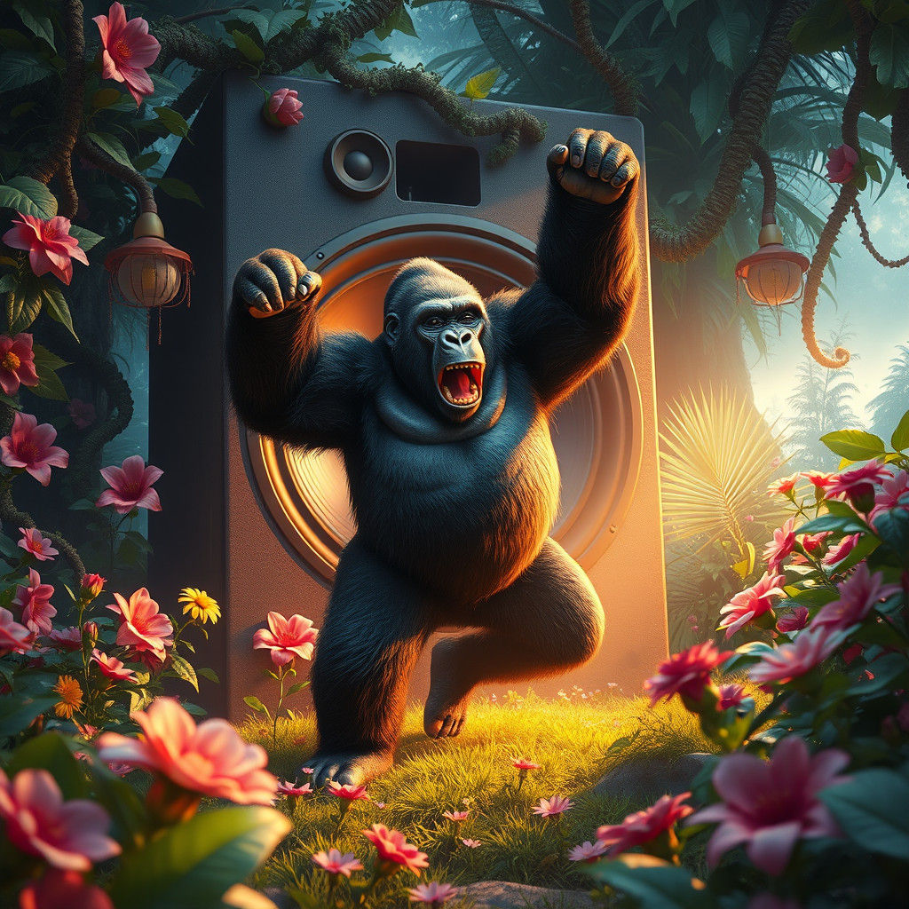 Gorilla Grooving in a Lush Garden, Fantasy Concept Art
