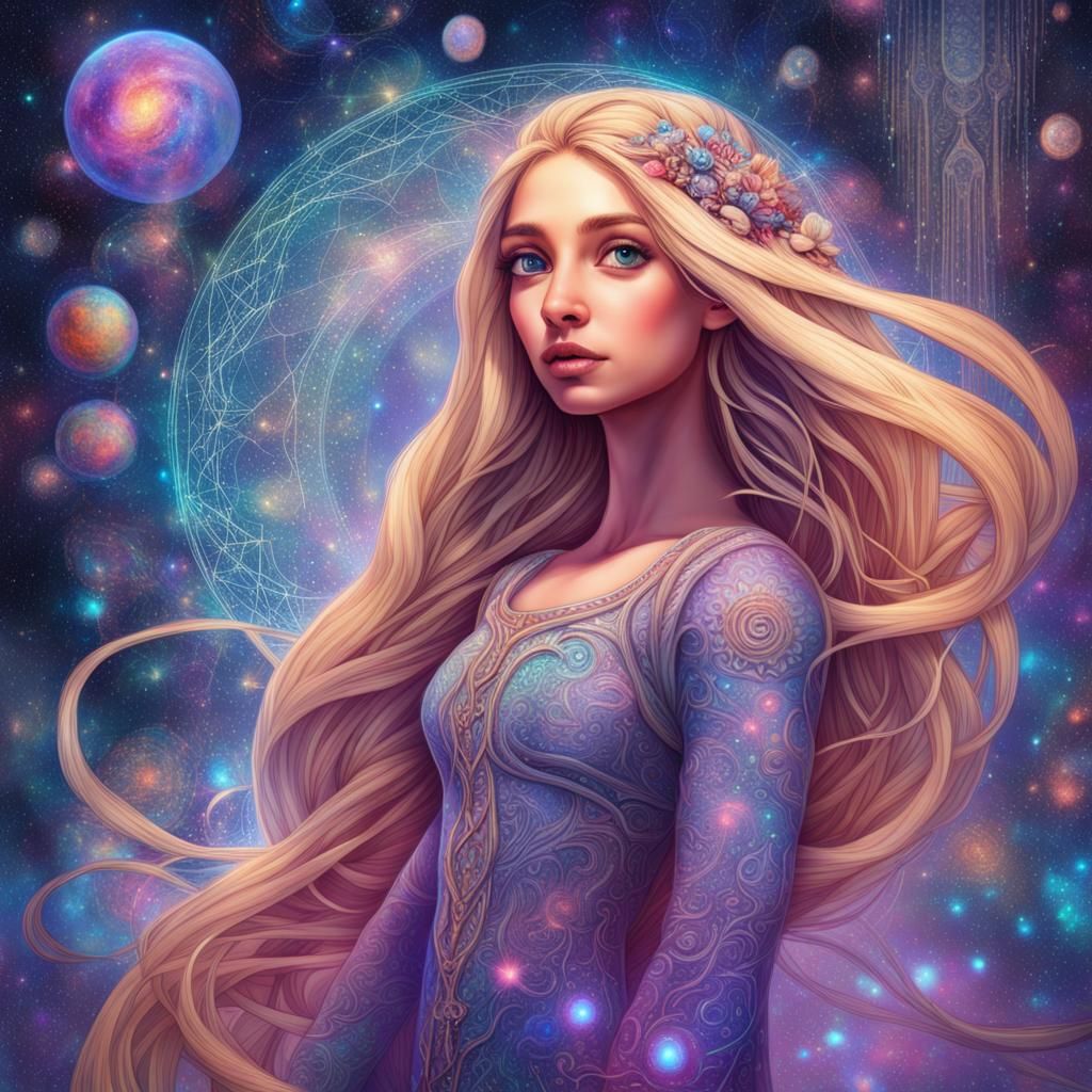 Rapunzel in Holographic Cosmic Art Style