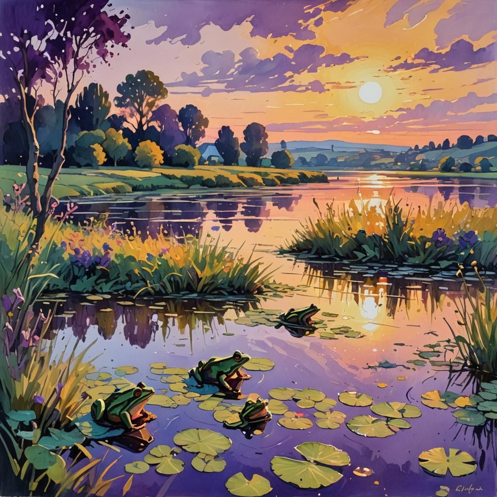 Impressionist Gouache Painting of Frogs at Sunset