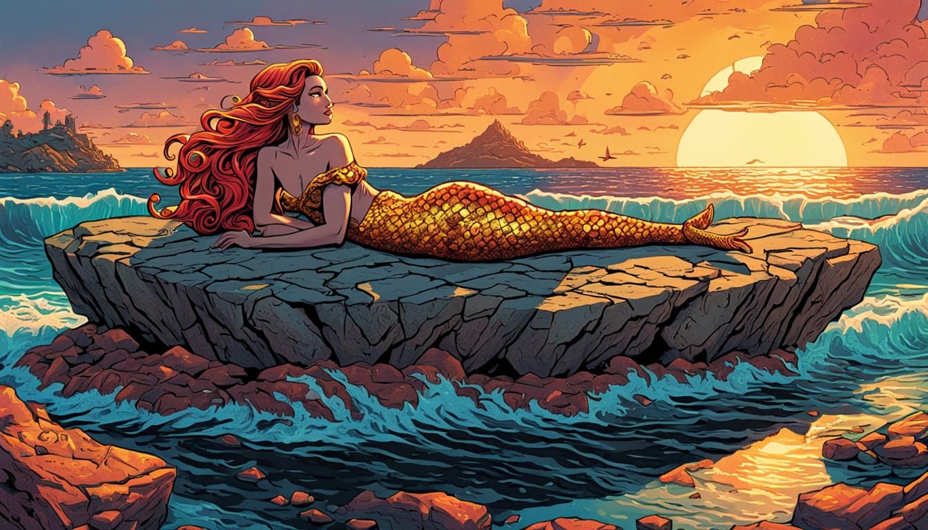 Pizza Mermaid Lounging: Surreal Comic Book Art