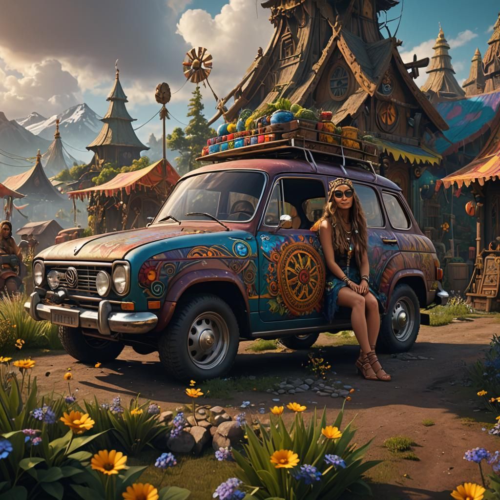 Hippie Girl Car in Detailed Matte Painting Style