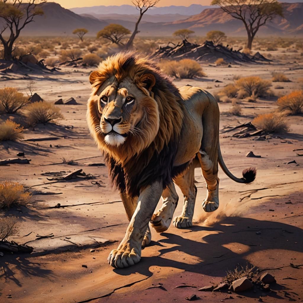 Lion in Barren Landscape: Cinematic Digital Art