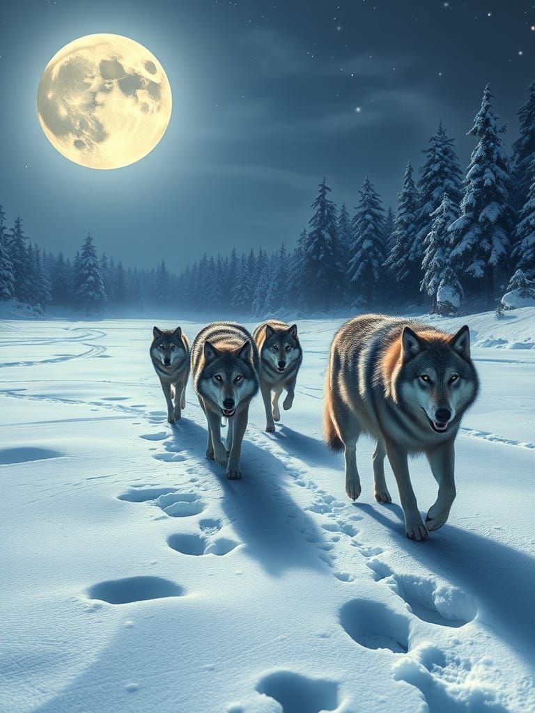 Moonlit Wolves Dance Across Frosty Landscape in Impressive S...