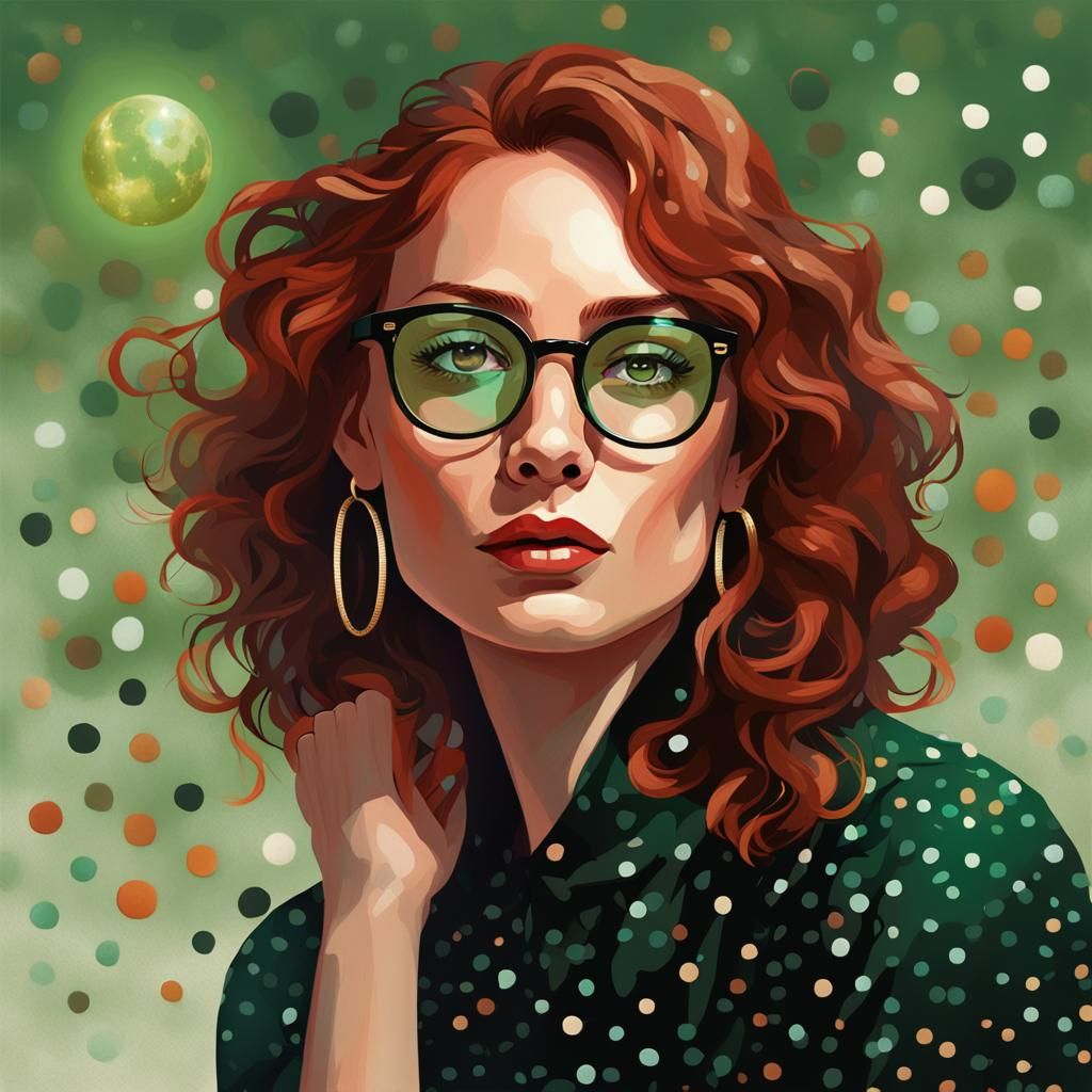 Contemplative Woman in Holographic Cosmic Illustration