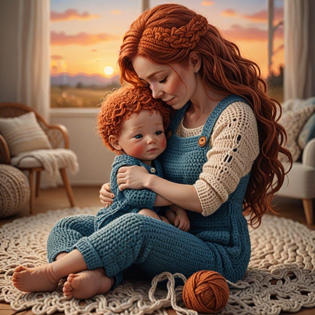 Crocheted Baby Hugs Mom in Soft Pastel Colors