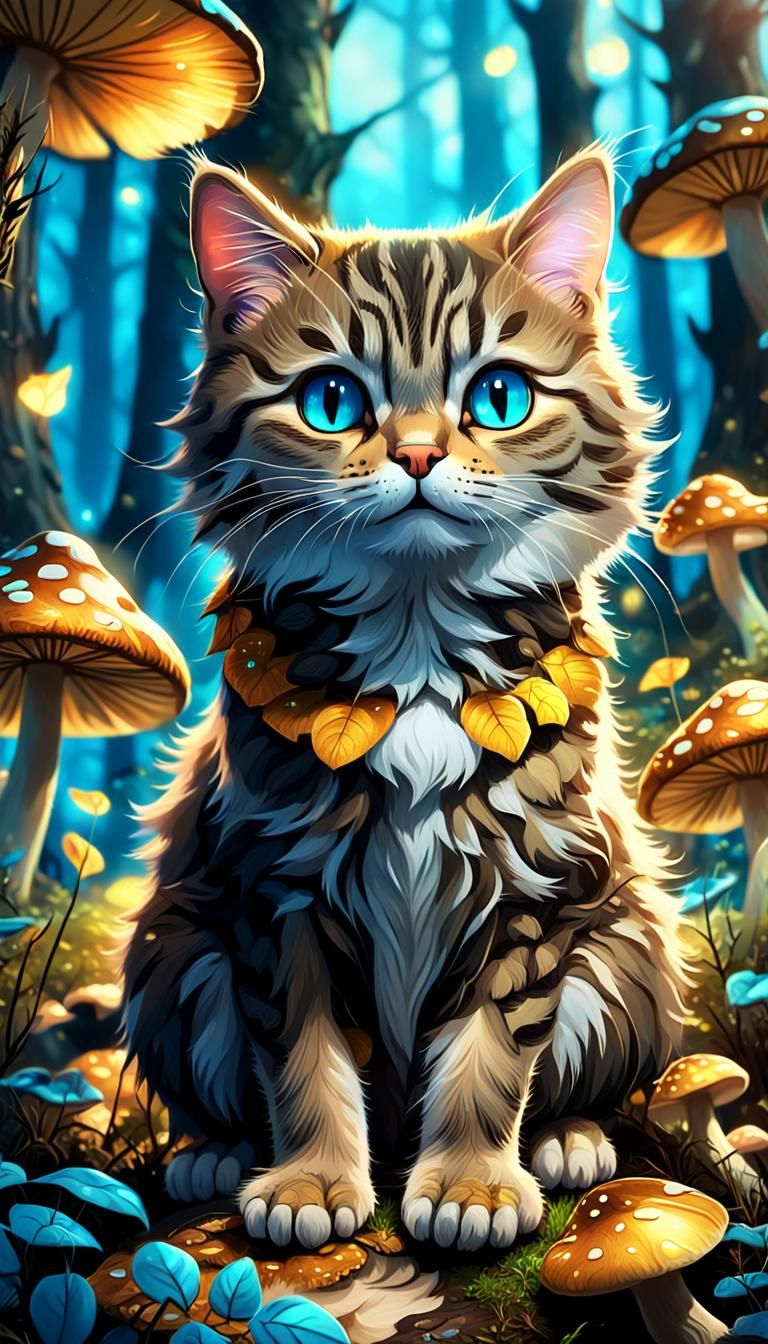 Tabby Cat on Mushroom in Whimsical Forest