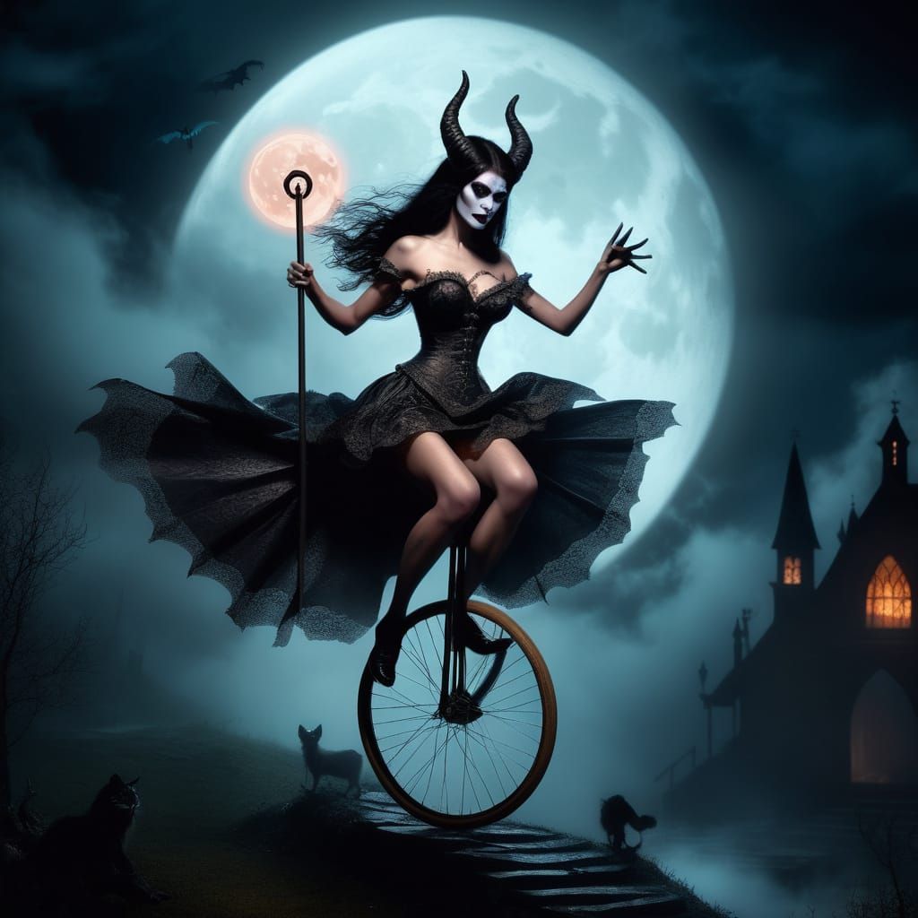 Female Demon Rides Unicycle Under Dark Gothic Moon