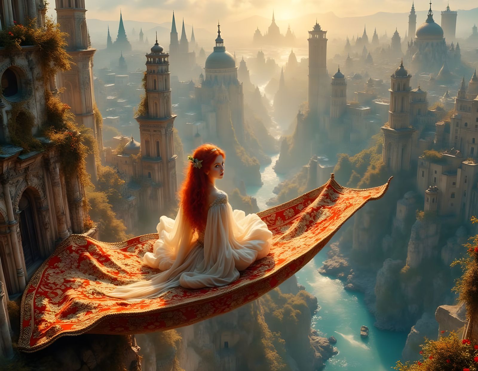 Aerial View: Redhead Genie on Magic Carpet