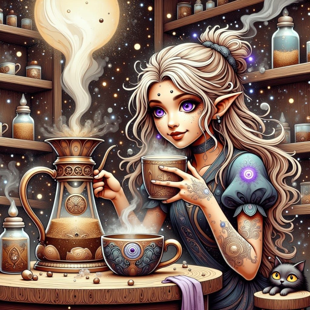 A<lora:Coffee Mug Faeries:1.0> vintage-style illustration, meticulously detailed like a watercolor painting, capturing t...