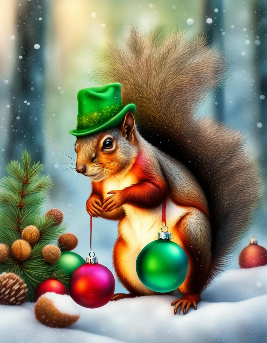 Festive Squirrel Gathering Nuts: Hyperrealistic Watercolor