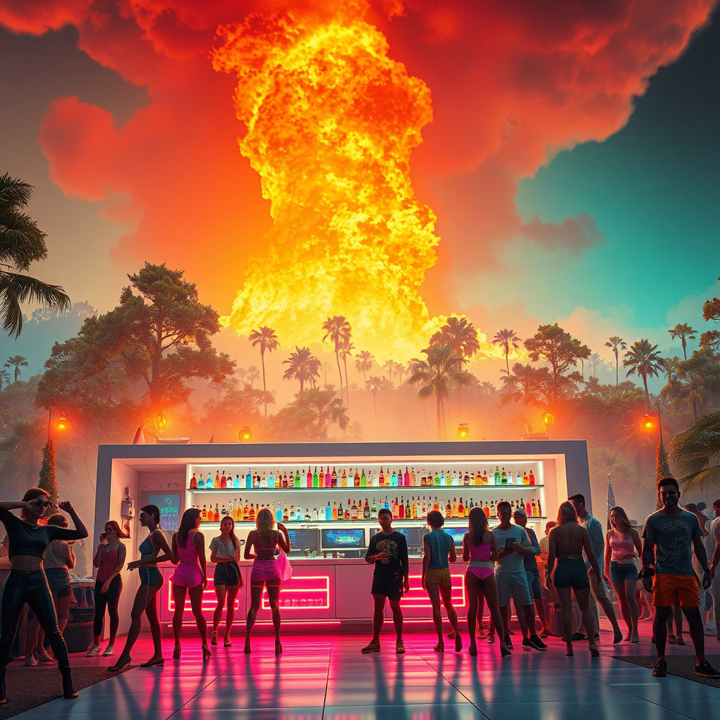 Techno Party Amidst Forest Fire, Fantasy Concept Art