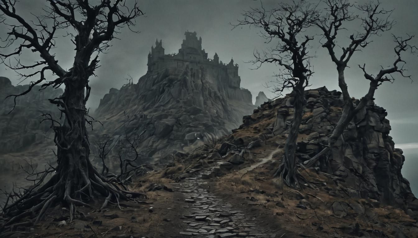 Dark Fantasy Fortress in Barren Landscape