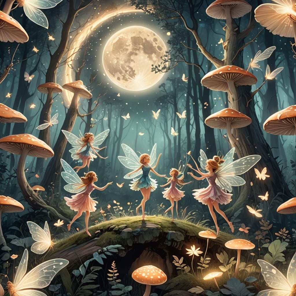 Fairies Dancing in Forest Under Moonlit Sky