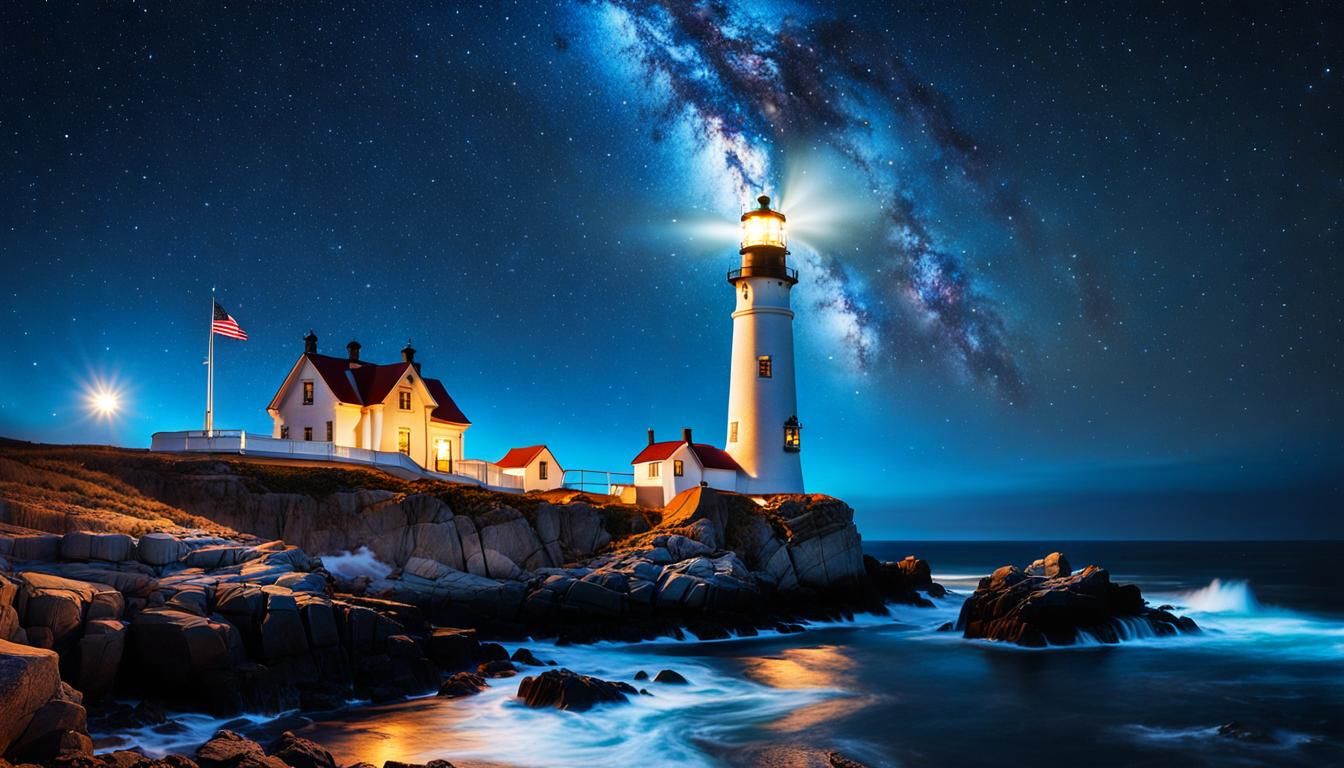 Majestic Lighthouse Under Starry Night Sky