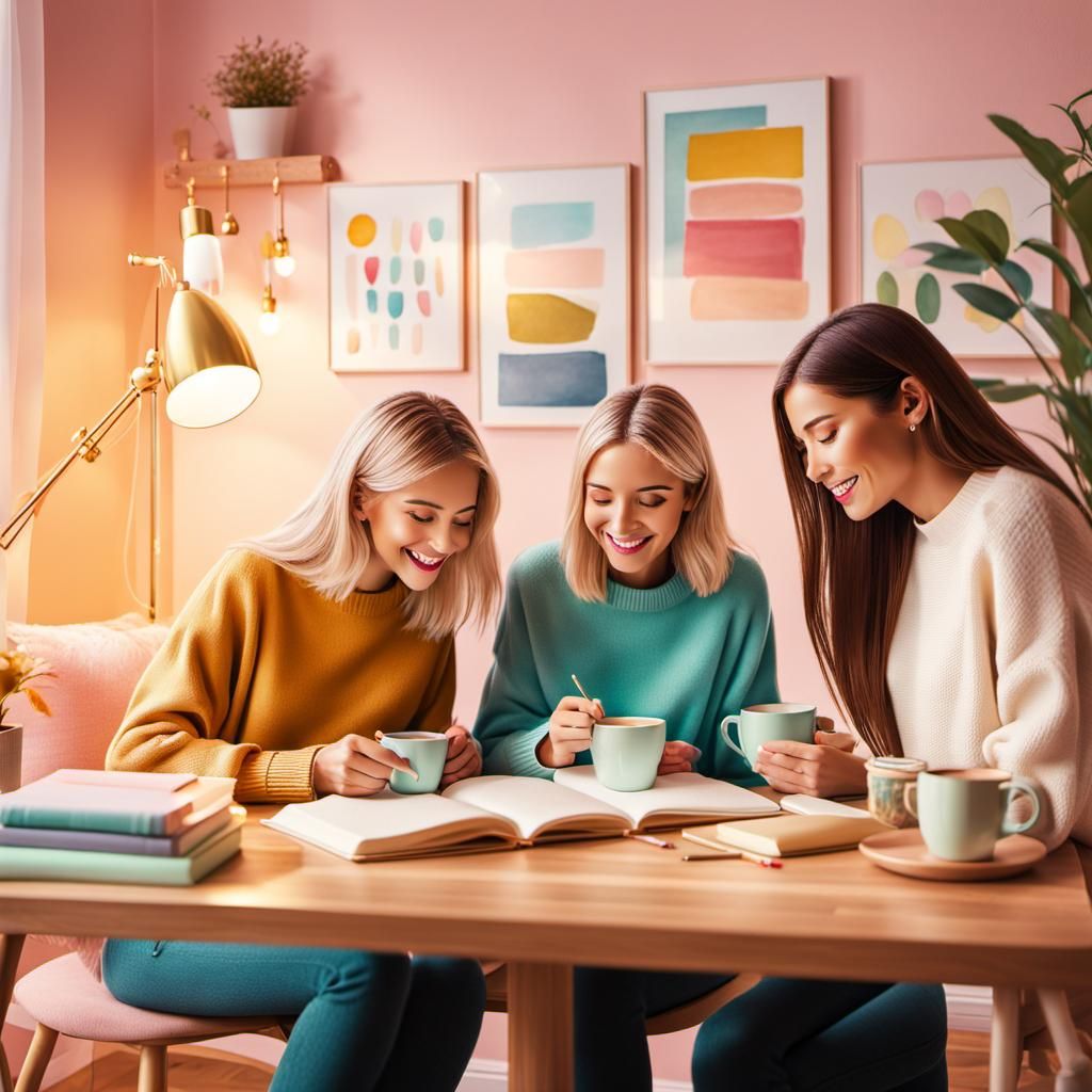 Cozy Study Session with Three Friends, Digital Art