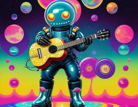 Kitsch Alien Musician Plays Ukulele in Cosmic Landscape