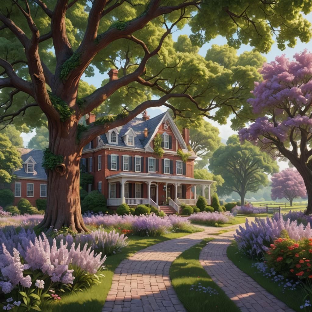 Red brick two story farmhouse, white trim with large oak tre...