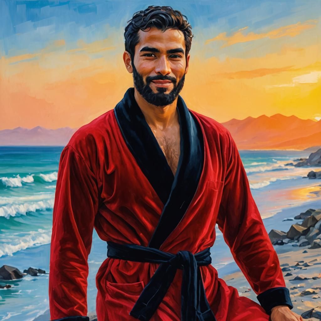 Serene Man in Red Robe, Impressionist Oil Painting