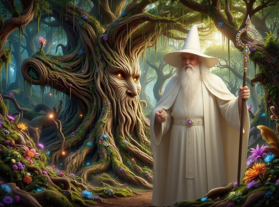 Wise Treant Guardian of a Sunlit Enchanted Grove