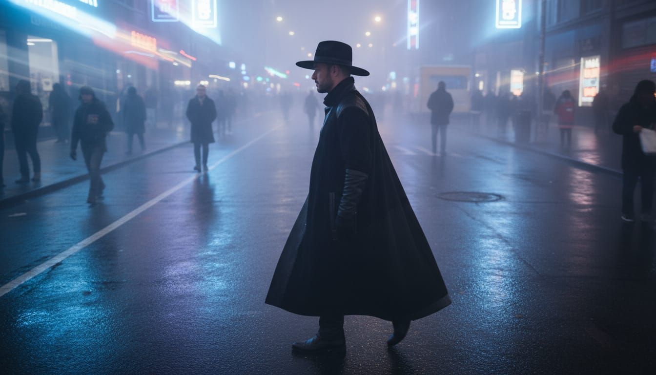 Man in Black Cloak Walks Neon City Street At Night