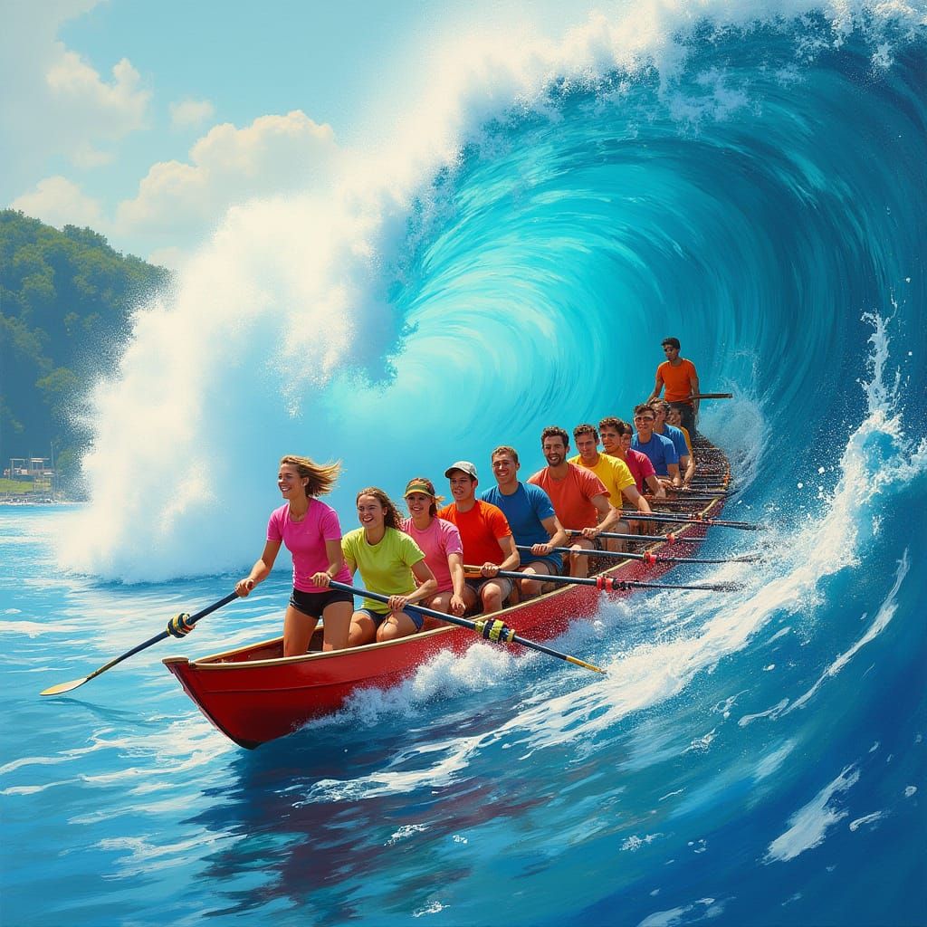 Joyful Rowers Surf Sunny Wave: Colorful Impressionistic Styl...