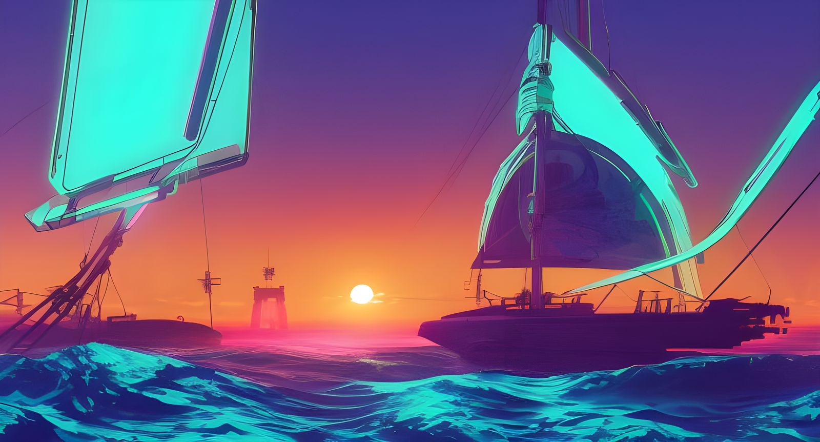 Cyberpunk Sailboat at Vaporwave Sunset