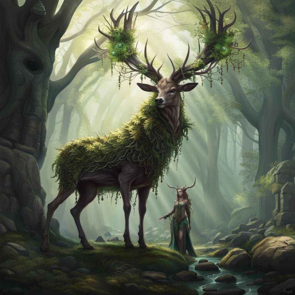 Ancient Forest Spirit Deer Creature: Digital Art