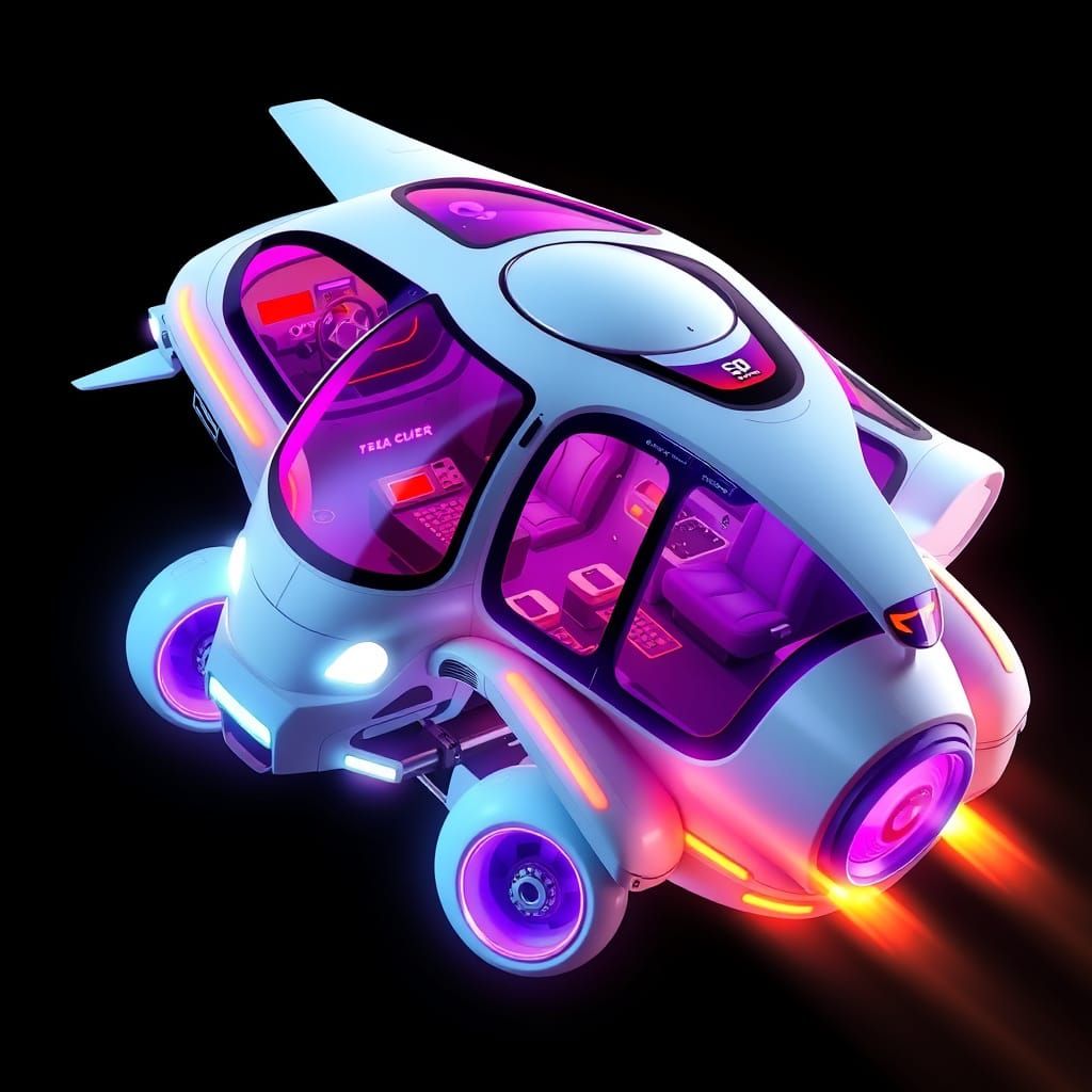 Sleek 12-Passenger Flying Car in Vibrant 3D Anime Style