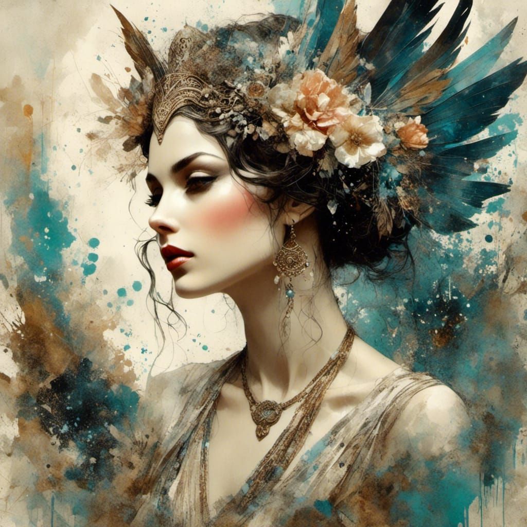 Beautiful Fae Woman Portrait in Mixed Media